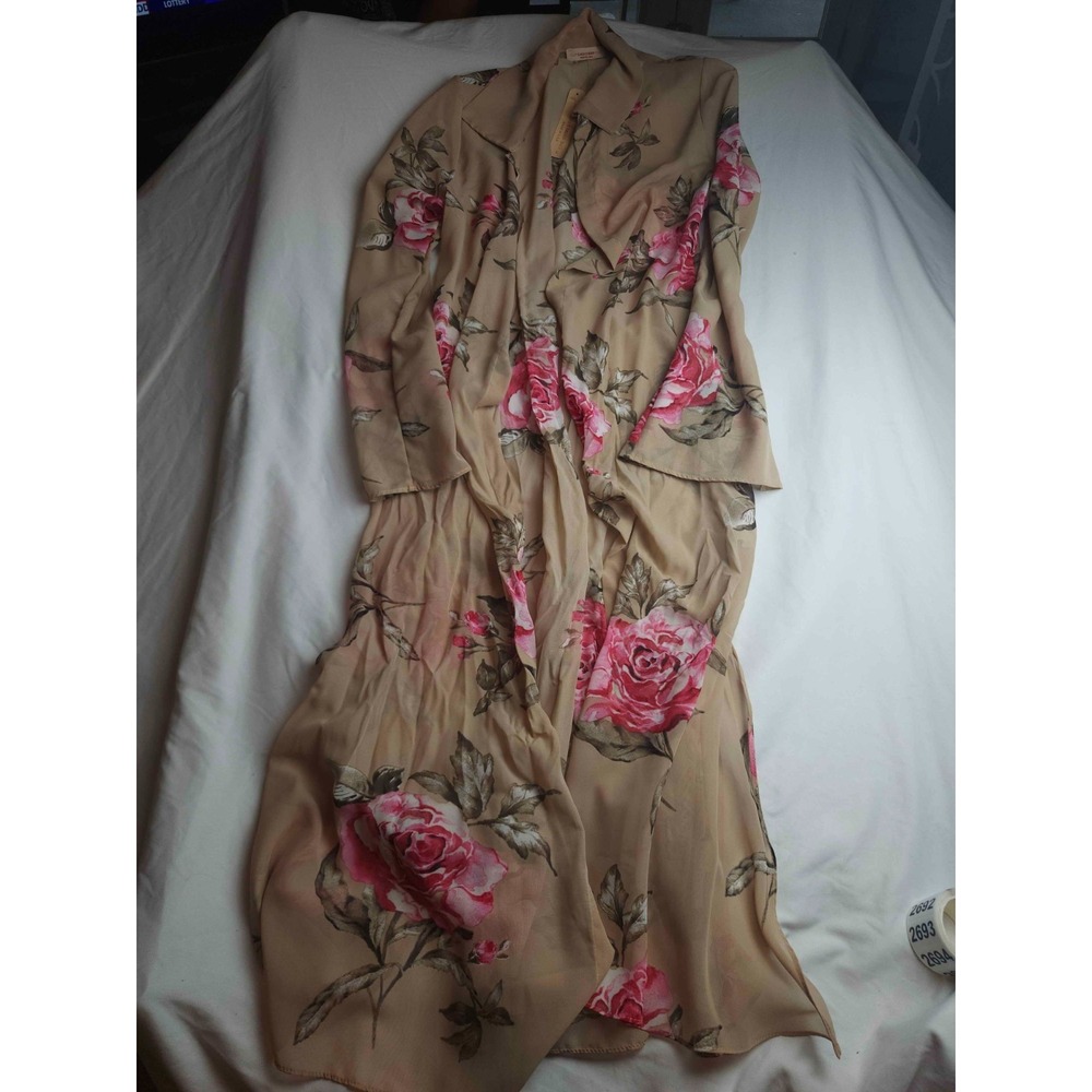 Karen T Design Duster Womens Large Tan Floral Long Sleeve Sheer Lightweight NWT